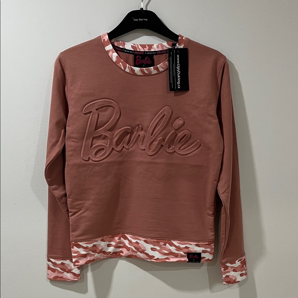 NWT Barbie Sweater XS Oversized Pink Camo Sweatshirt Collab Casual Ugly Dukling